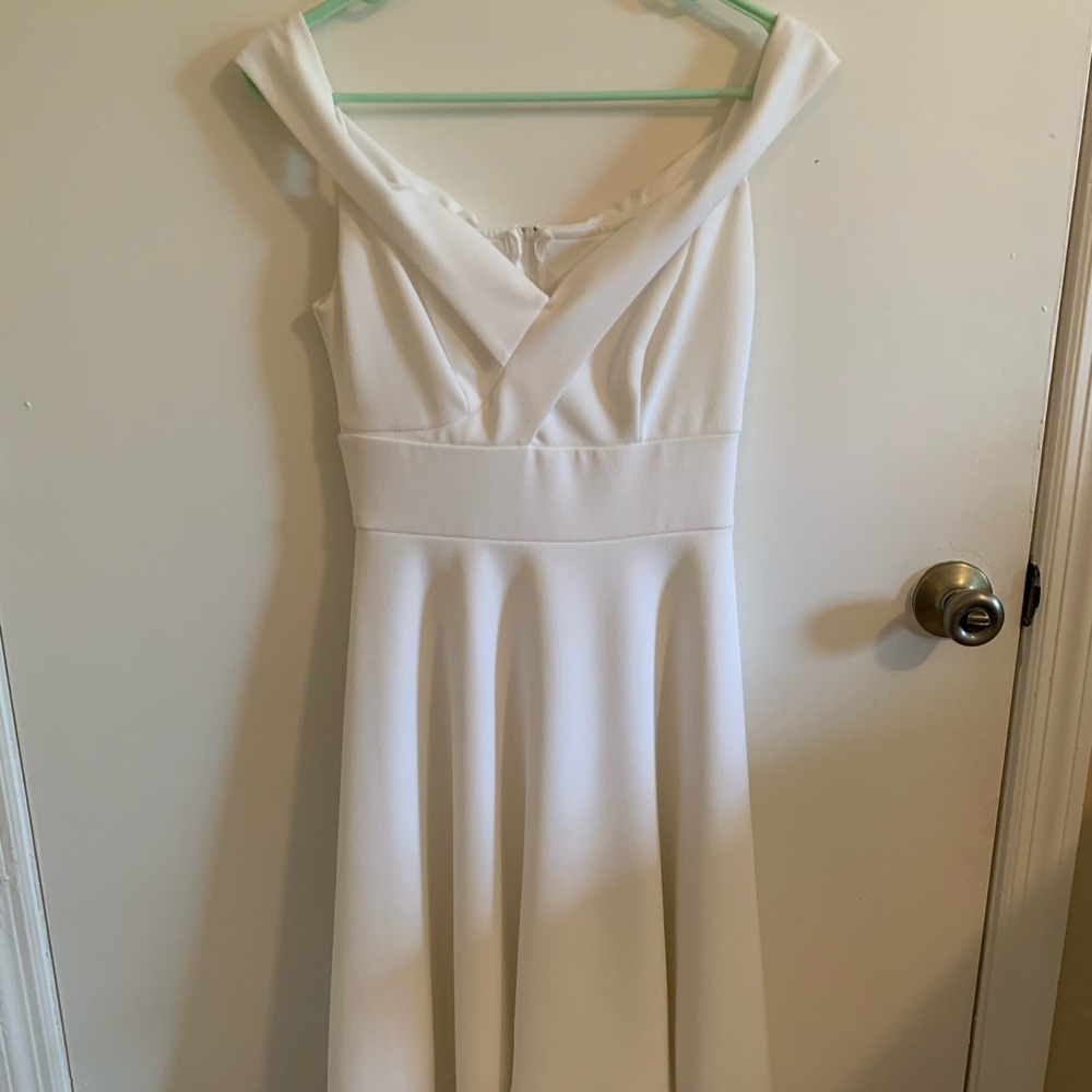 White high low off shoulder dress